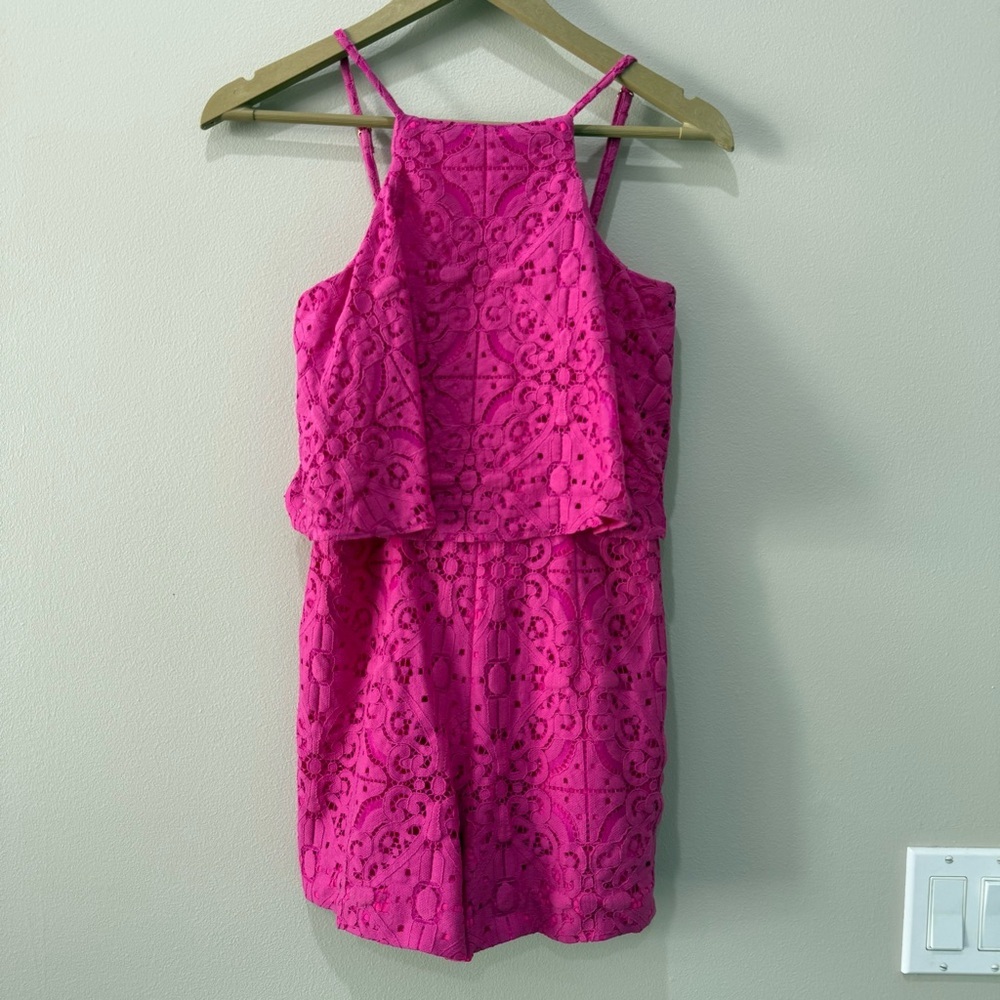 Lilly Pulitzer Celyn Magenta Pink Tic Tac Tile Lace Flounce Short Romper